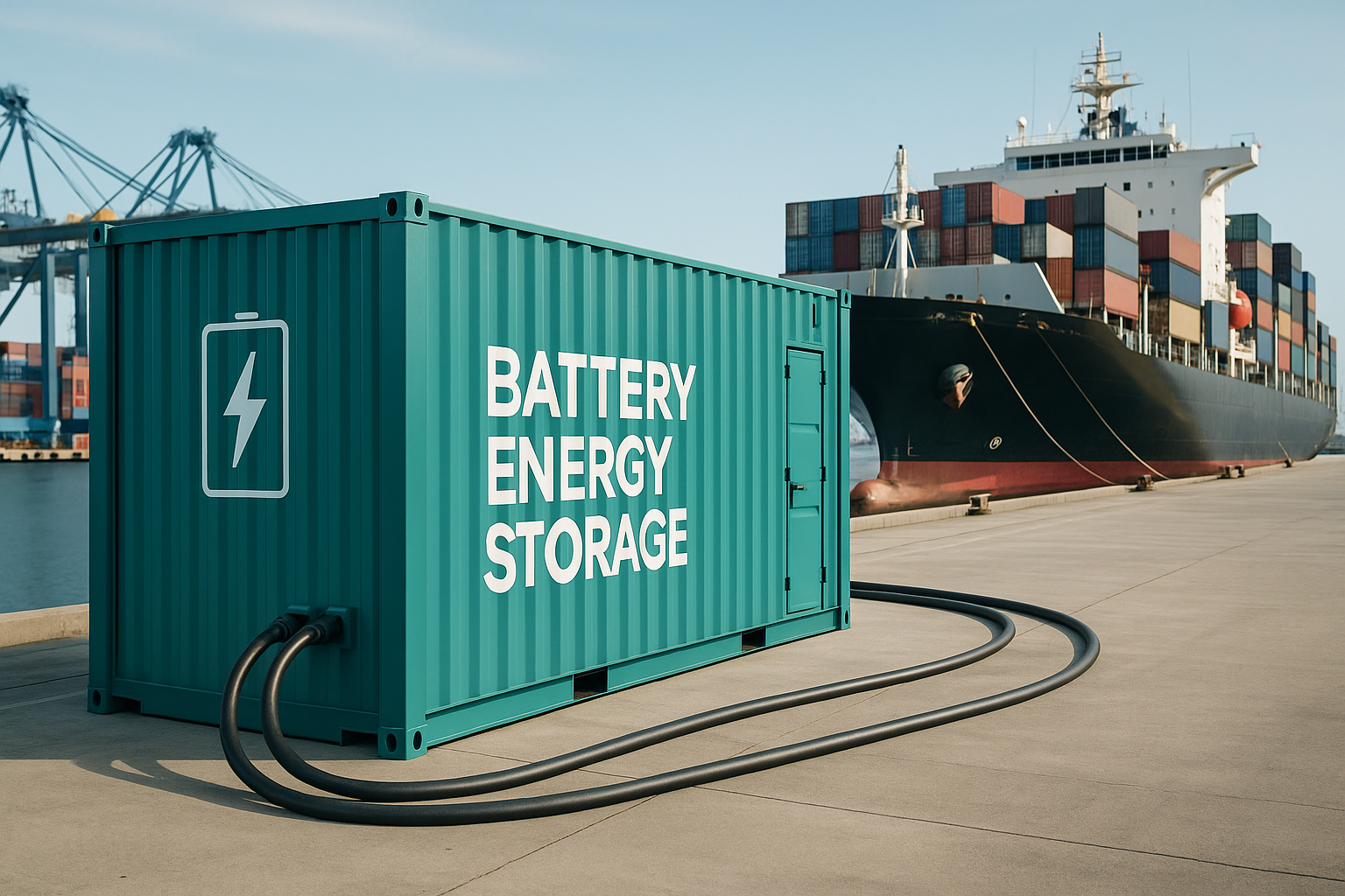 Cargo ship connected to a battery container for shore power